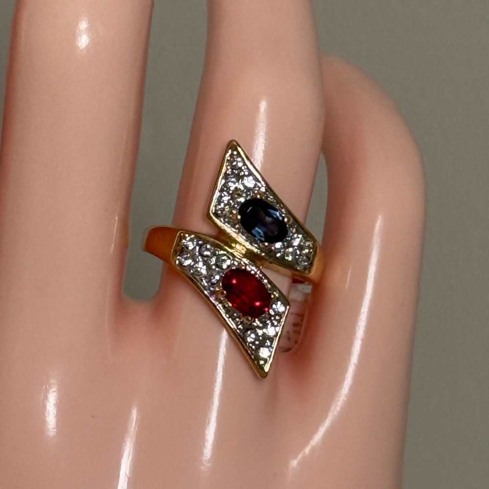 Elegant 18k Gold Electroplated Ring with Red and Blue Stones, Size 6.5